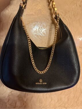 Michael Kors Black Pebbled Leather Hobo Bag with Gold Chain Accent